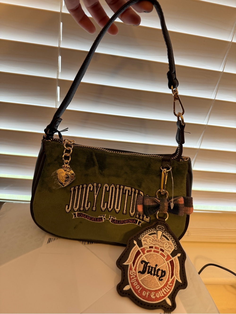 Juicy Couture Olive Green Velvet Shoulder Bag with Gold Hardware